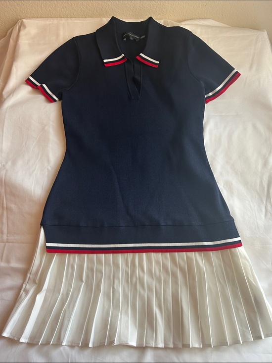 English Factory Dresses & Skirts - English Factory Navy Polo Knit Dress with White Pleated Hem and Red Trim